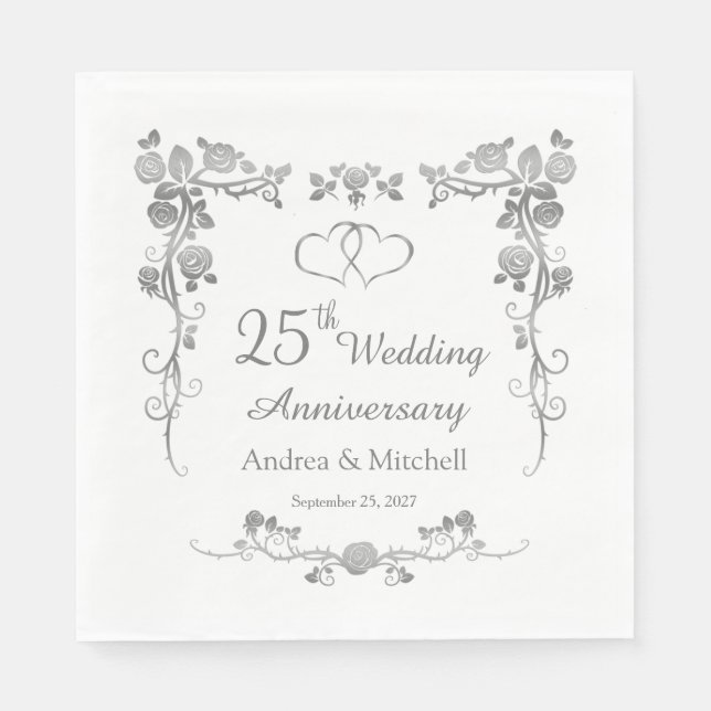 Silver Floral Hearts 25th Wedding Anniversary Napkins (Front)
