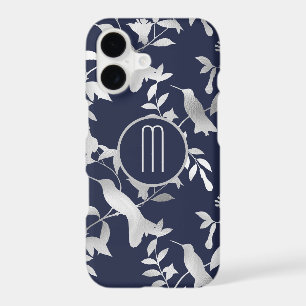 Silver Floral Hummingbird Pattern on Blue Monogram iPhone 17 Case