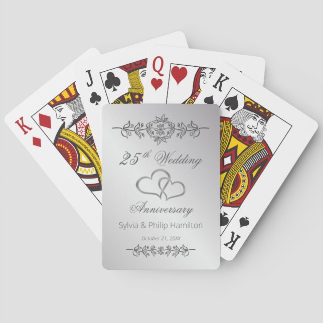Silver Floral Joined Hearts 25 Wedding Anniversary Poker Cards (Back)
