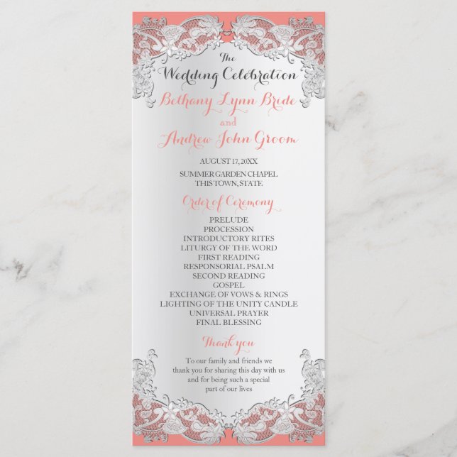Silver Floral Lace Design Wedding Program (Front)