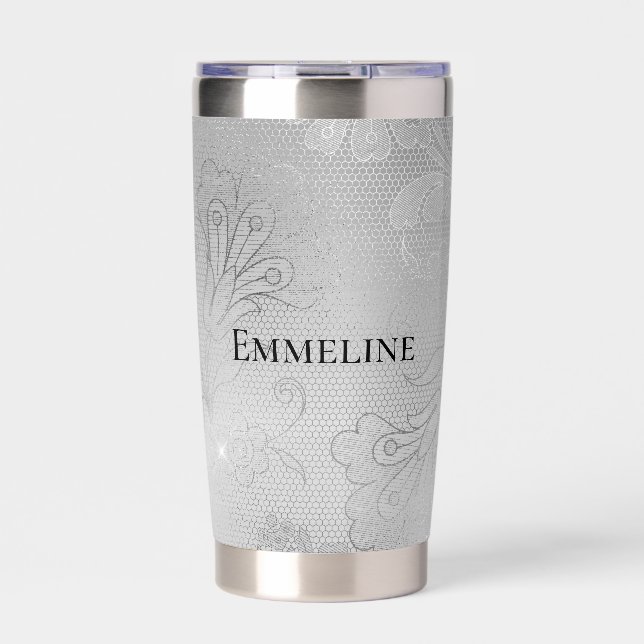 Silver Floral Lace Insulated Tumbler (Front)