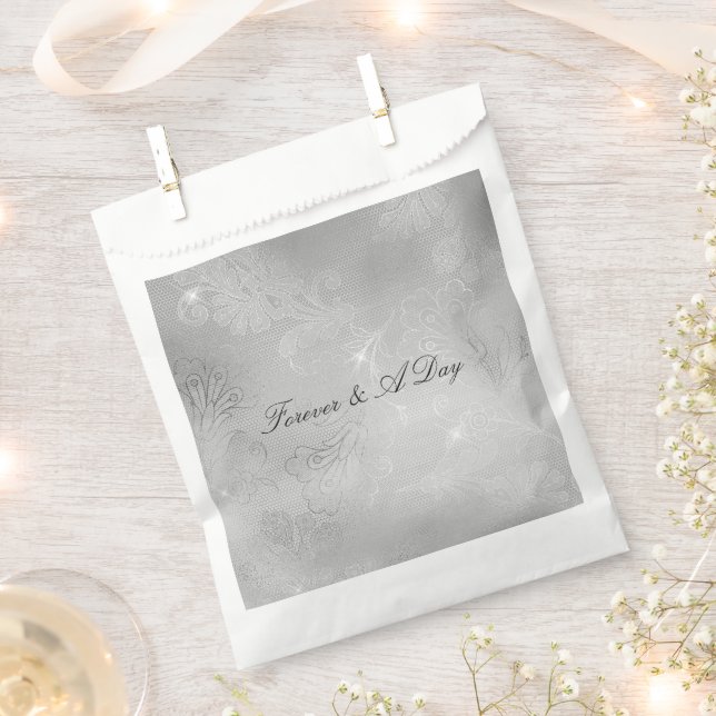 Silver Floral Lace Wedding Favor Bag (Clipped)