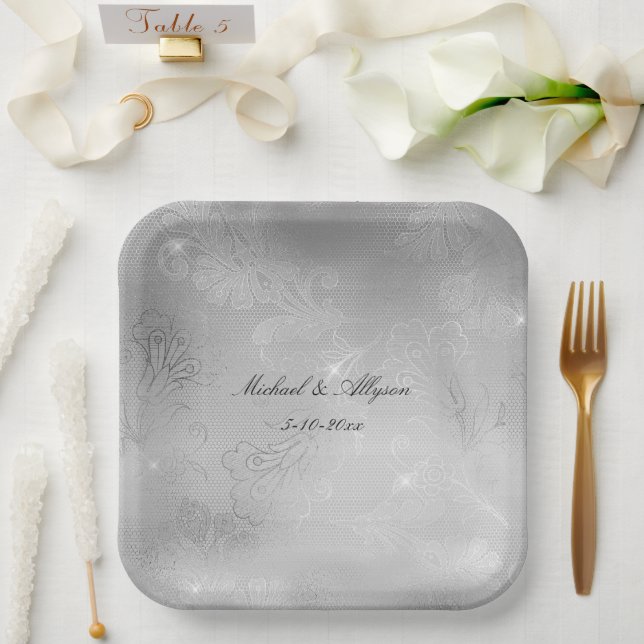 Silver Floral Lace Wedding Paper Plates (Wedding)