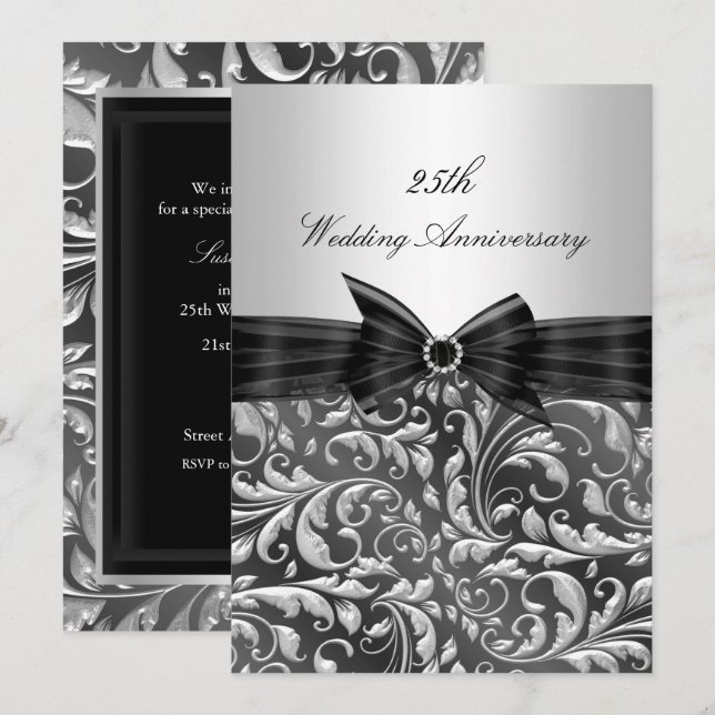 Silver Floral Leaf 25th Wedding Anniversary Invite (Front/Back)