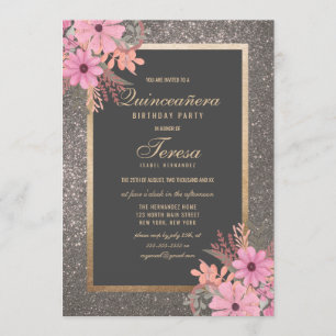Silver Floral Leaf Watercolor Glitter Quinceañera Invitation