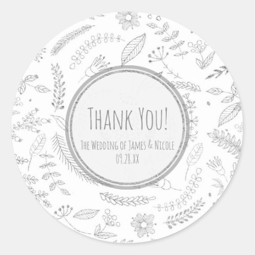 Silver Floral Leaves Rustic Elegant Wedding Favor Classic Round Sticker