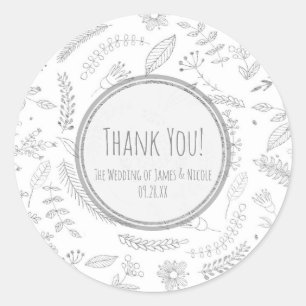 Silver Floral Leaves Rustic Elegant Wedding Favor Classic Round Sticker
