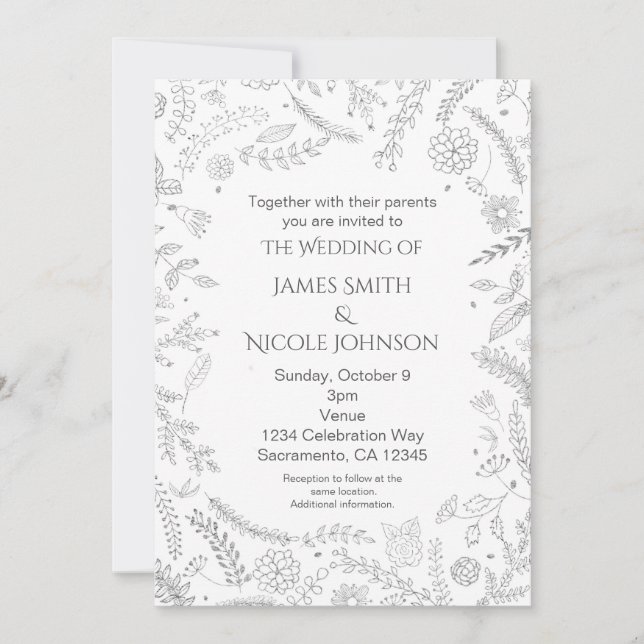 Silver Floral Leaves Rustic Wedding Invitations (Front)