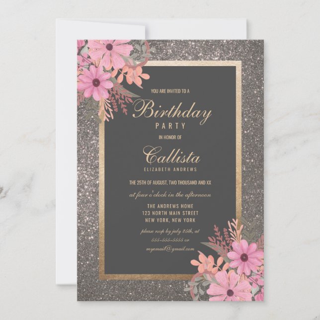 Silver Floral Leaves Watercolor Glitter Birthday Invitation (Front)