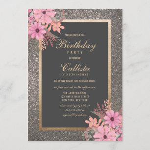 Silver Floral Leaves Watercolor Glitter Birthday Invitation