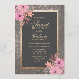 Silver Floral Leaves Watercolor Glitter Sweet 16 Invitation