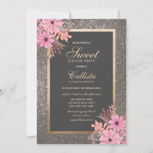 Silver Floral Leaves Watercolor Glitter Sweet 16 Invitation