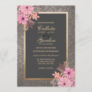 Silver Floral Leaves Watercolor Glitter Wedding Invitation