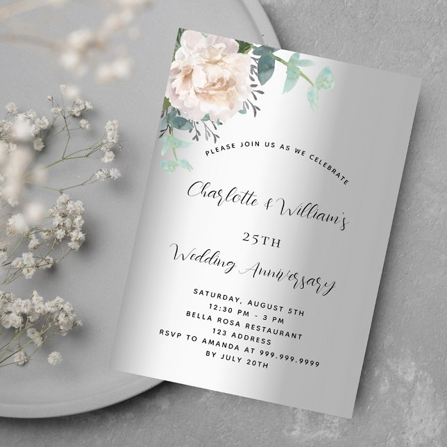 Silver floral luxury 25th wedding anniversary invitation (Creator Uploaded)