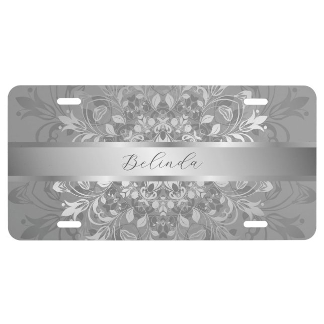Silver Floral Mandala Personalize License Plate (Front)