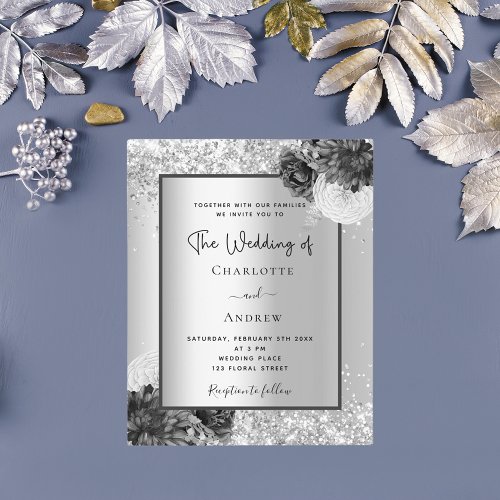 Silver floral monochrome budget wedding invitation flyer