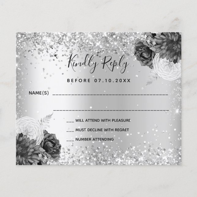 Silver floral monochrome wedding RSVP card (Front)