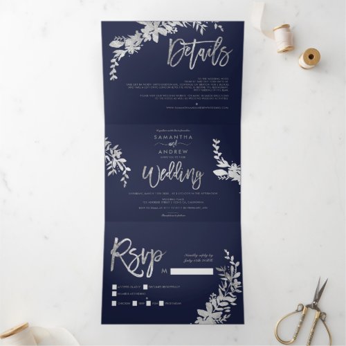 Silver Floral navy blue elegant script wedding Tri_Fold Invitation
