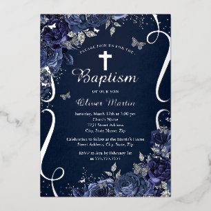 Silver Floral Navy Butterfly Boy Baptism  Foil Invitation