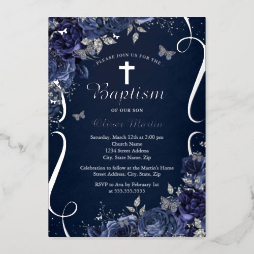 Silver Floral Navy Butterfly Boy Baptism  Foil Invitation