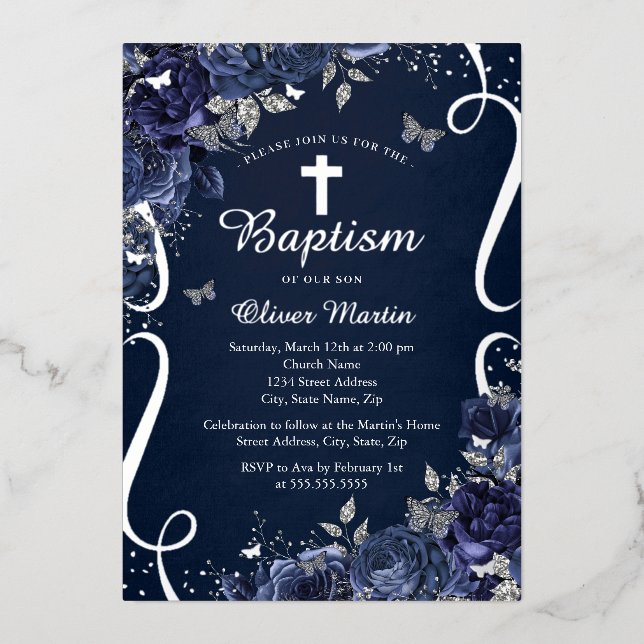 Silver Floral Navy Butterfly Boy Baptism  Foil Invitation (Front)