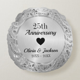 Silver Floral Ornament Round Pillow