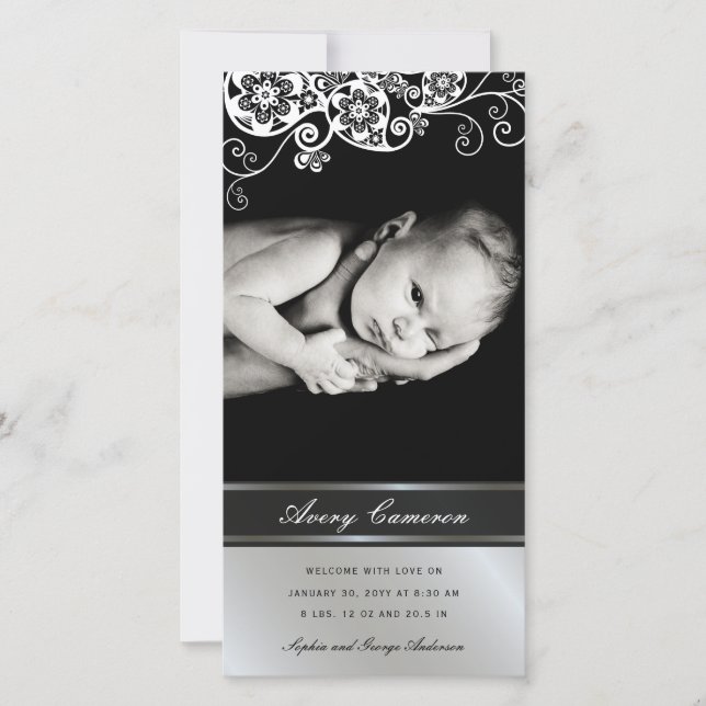 Silver Floral Paisley Baby Girl Birth Announcement (Front)