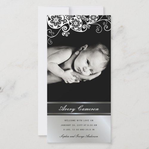 Silver Floral Paisley Baby Girl Birth Announcement