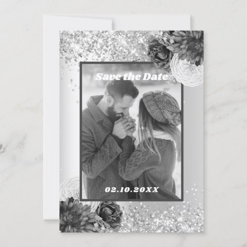 Silver floral photo Save the Date wedding