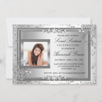 Silver Floral Photo Sweet Sixteen Invite by ExclusiveZazzle at Zazzle