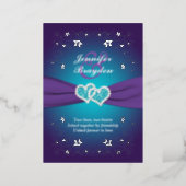Silver Floral, Purple, Teal Joined Hearts 2 Foil Invitation (Standing Front)