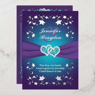 Silver Floral, Purple, Teal Joined Hearts 2 Foil Invitation