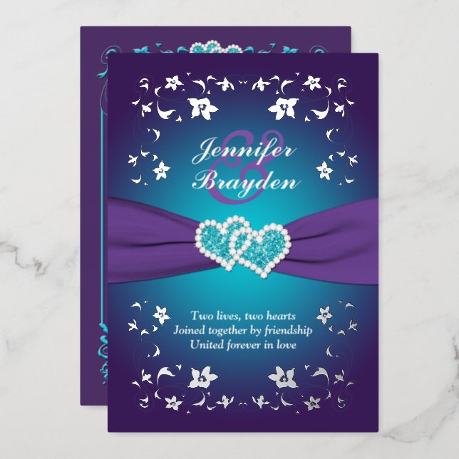 Silver Floral, Purple, Teal Joined Hearts 2 Foil Invitation (Front/Back)