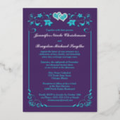 Silver Floral, Purple, Teal Joined Hearts 2 Foil Invitation (Back)
