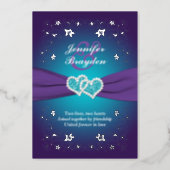 Silver Floral, Purple, Teal Joined Hearts 2 Foil Invitation (Front)