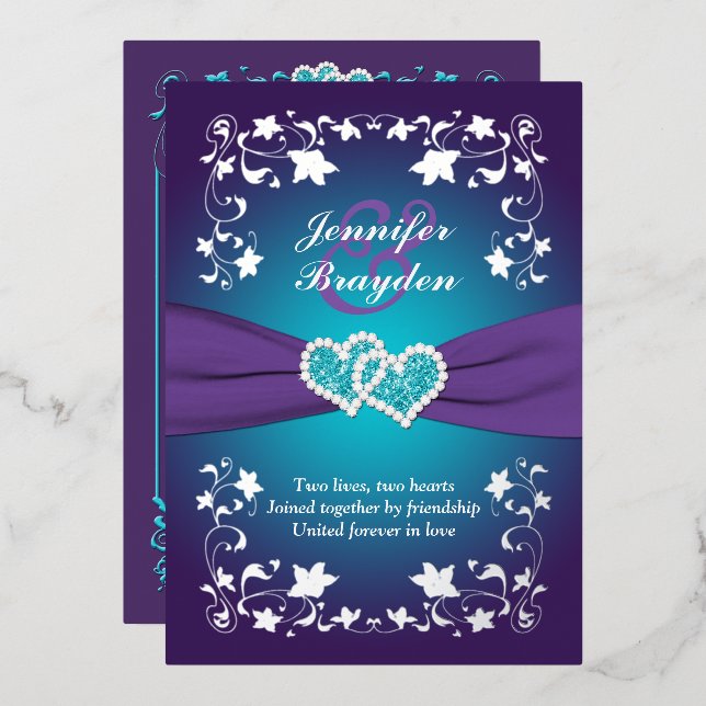Silver Floral, Purple, Teal Joined Hearts 2 Foil Invitation (Front/Back)