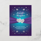 Silver Floral, Purple, Teal Joined Hearts Wedding  Foil Invitation (Standing Front)