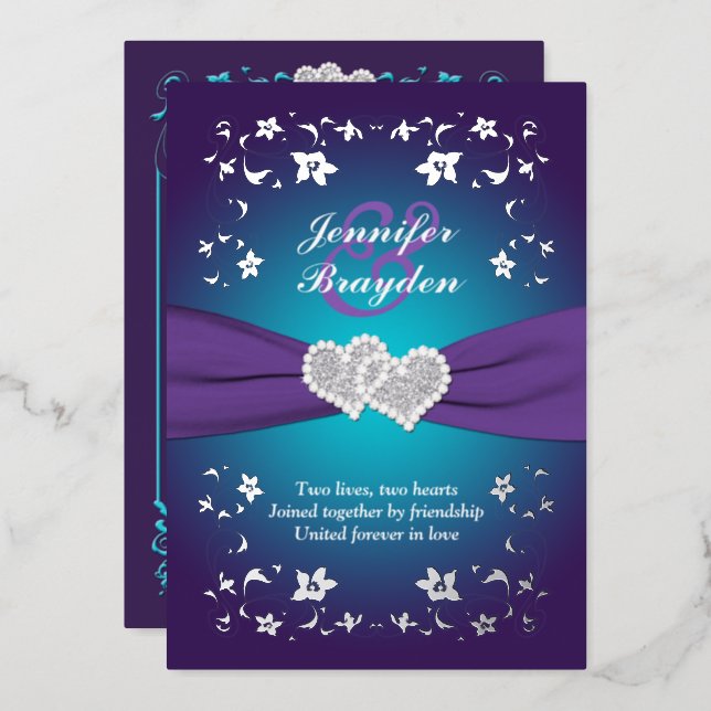 Silver Floral, Purple, Teal Joined Hearts Wedding  Foil Invitation (Front/Back)