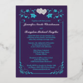 Silver Floral, Purple, Teal Joined Hearts Wedding  Foil Invitation (Back)