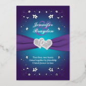 Silver Floral, Purple, Teal Joined Hearts Wedding  Foil Invitation (Front)
