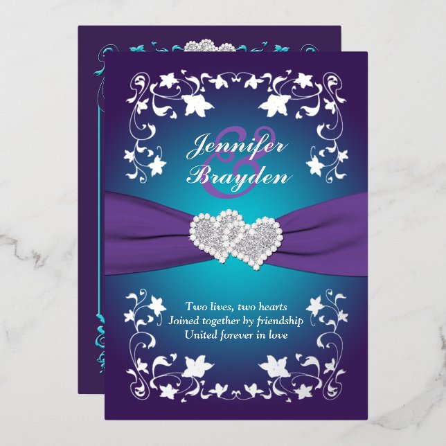 Silver Floral, Purple, Teal Joined Hearts Wedding  Foil Invitation (Front/Back)