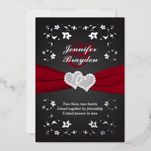 Silver Floral Red Black Joined Hearts Wedding Foil Invitation