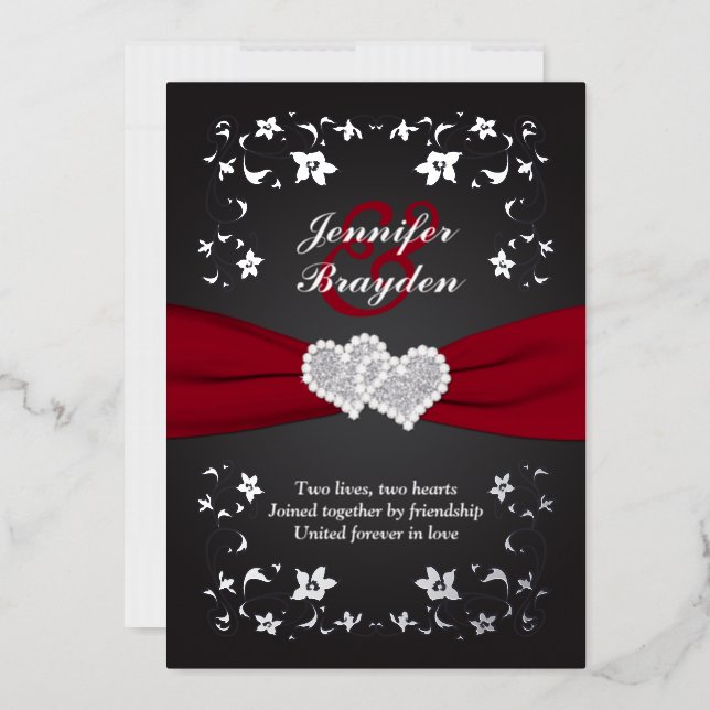 Silver Floral, Red, Black Joined Hearts Wedding Foil Invitation (Envelope)