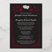 Silver Floral, Red, Black Joined Hearts Wedding Foil Invitation (Back)