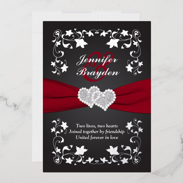 Silver Floral, Red, Black Joined Hearts Wedding Foil Invitation (Envelope)