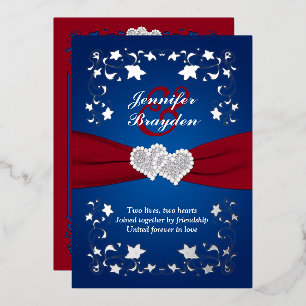 Silver Floral, Red, Blue Joined Hearts Wedding Foil Invitation