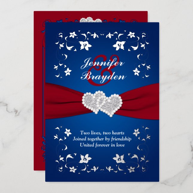 Silver Floral, Red, Blue Joined Hearts Wedding Foil Invitation (Front/Back)