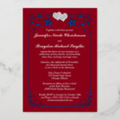 Silver Floral, Red, Blue Joined Hearts Wedding Foil Invitation (Back)