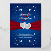 Silver Floral, Red, Blue Joined Hearts Wedding Foil Invitation (Front)
