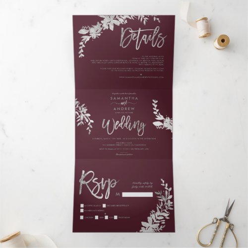 Silver Floral red burgundy elegant script wedding Tri_Fold Invitation